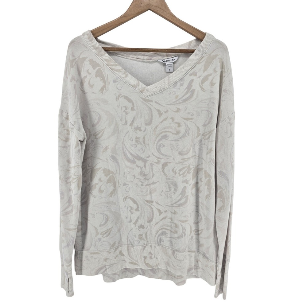 Athleta Sweatshirt Womens S Purist V-Neck Marble Swirl Cream Thumbholes EUC